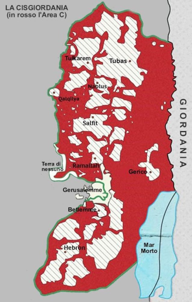 West Bank. In white the territories administered by the Palestinian Authority (Terrasanta.net)