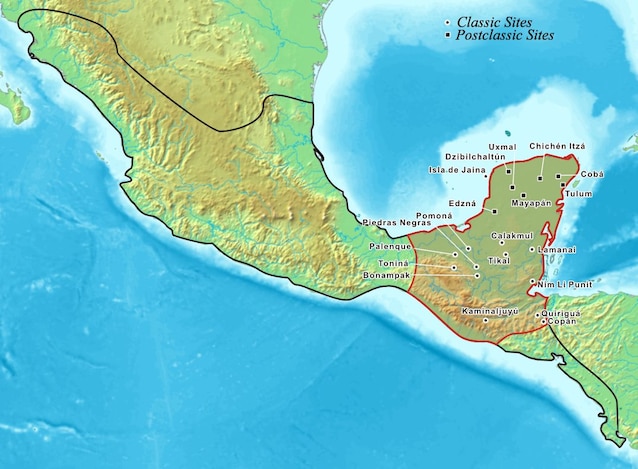 The history area of ​​the Mayan people, in red (Credits Kmusser)