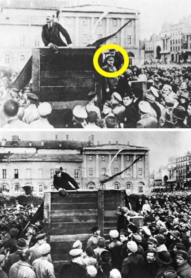 Original and retouched Lenin photo to delete Trockji