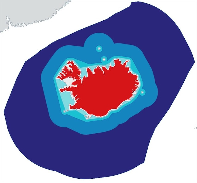 Iceland and bands of the Exclusive Economic Area Celeste 4MN, Turquoise 12MN, Azurto 50mn, Blue 200 MN