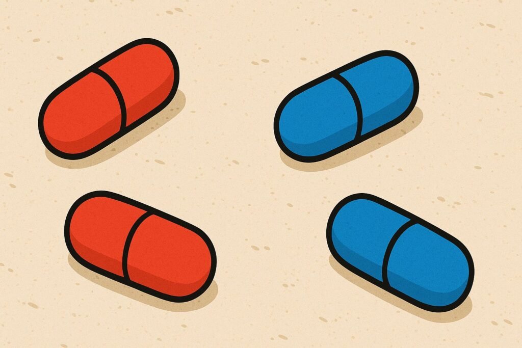 The riddle of the red pill and blue pill in the dark: how to take the right two? The solution