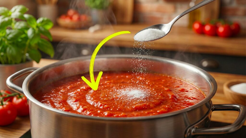 What happens if we put sugar or baking soda in tomato sauce