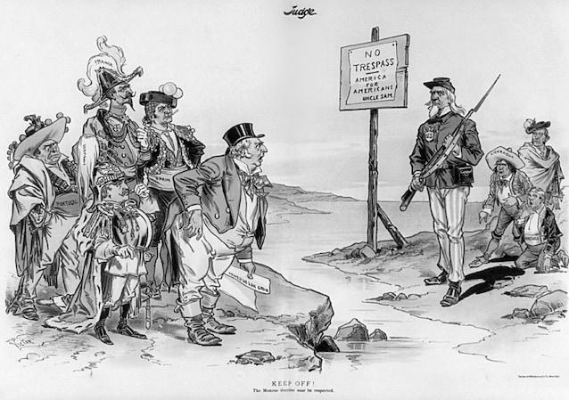 Satirical cartoon from 1896. Uncle Sam, symbol of the USA, comes between Europeans and Latin Americans