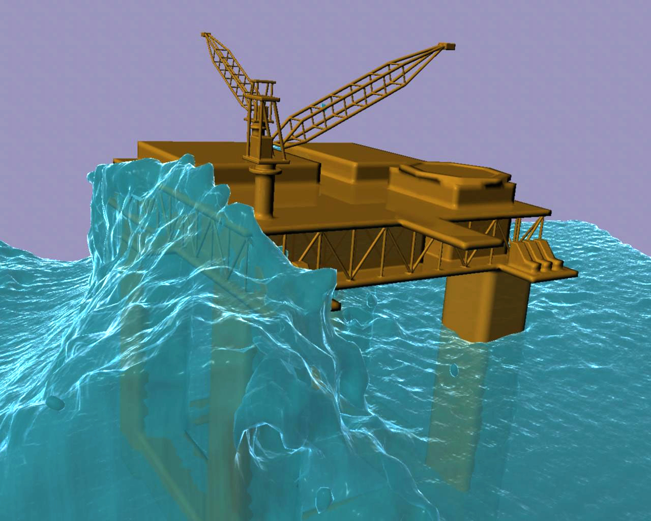Impact of a rogue wave against a semi-submersible platform. Credits: Wikimedia Commons.