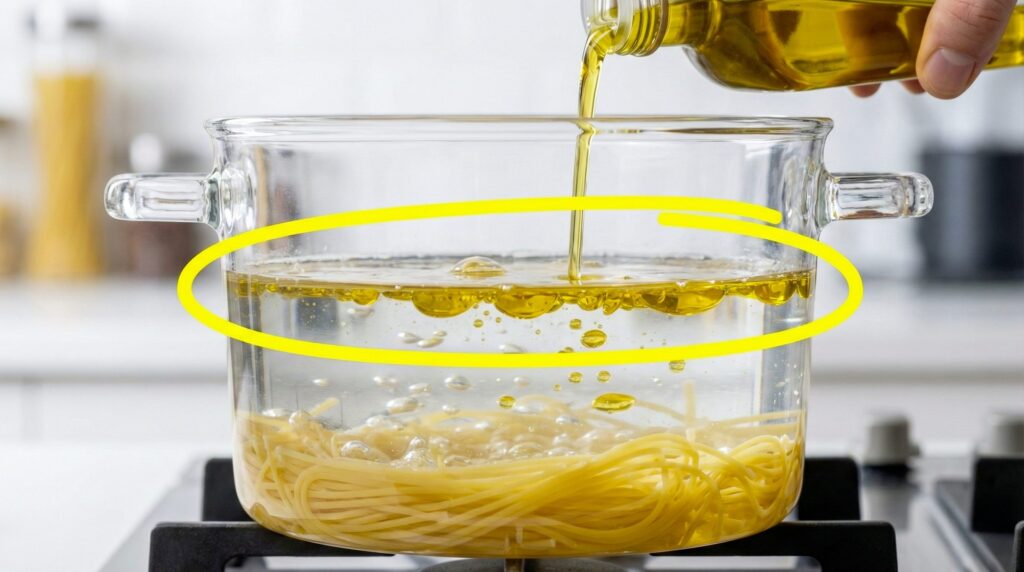 Does the "trick" of the oil in the cooking water help prevent the pasta from sticking? Spoilers: no