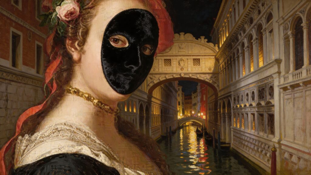 What is the brunette, the seductive Venetian mask without a mouth: because she was mute