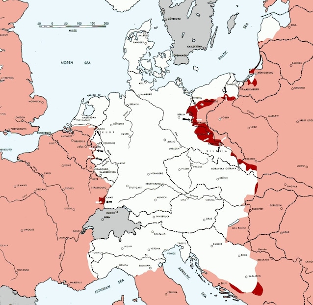 The situation on the front at the time of the bombing (white German territory, pink and red Allied advances)