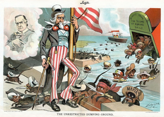 Uncle Sam stands beside an American Flag and the specter of William McKinley while a ship "Direct From the Slums of Europe Daily" releases rats representing undesirable Italian immigrants (eg Mafia, Anarchists, Socialists, Murder). Date 1903 Source Judge, vol. 4-45, 1903