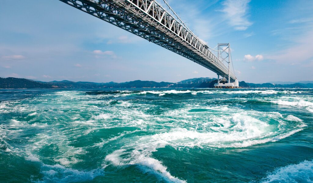 The gyres of the Naruto Strait in Japan, a marine phenomenon up to 1.5 km in diameter