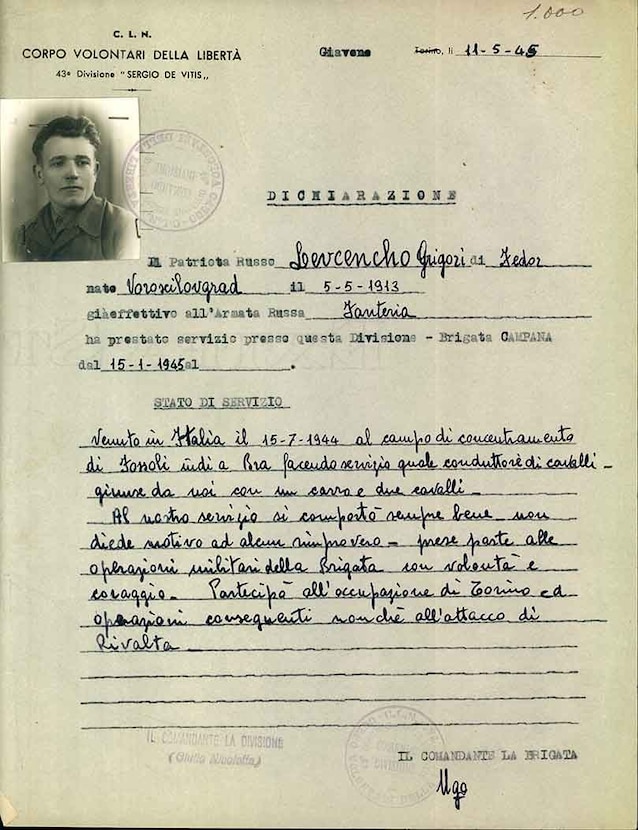 Personal data sheet of a Soviet partisan (credit museonazionaleresistenza.it)