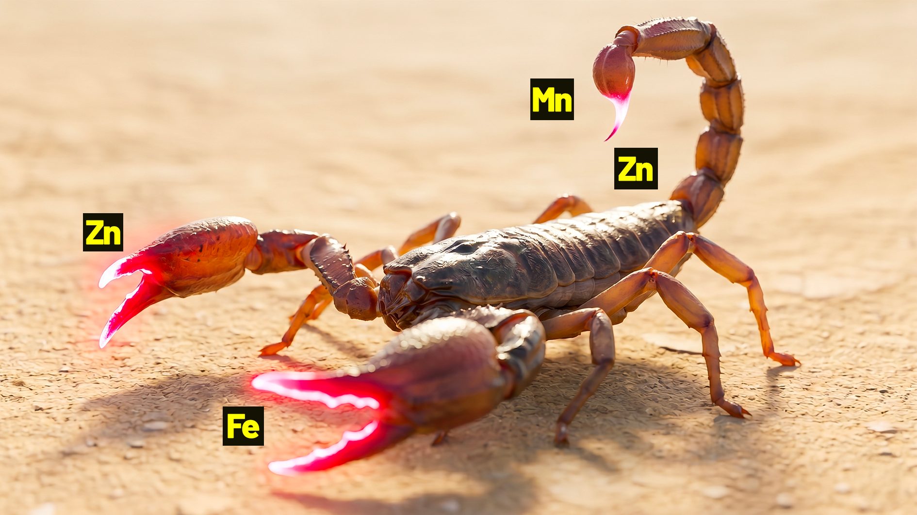 Why scorpions have stingers and claws rich in heavy metals (iron, zinc) and how they work
