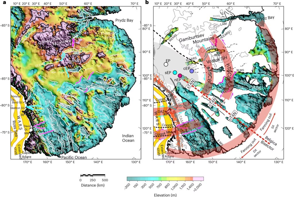 A gigantic fan-shaped structure dating back millions of years has been discovered under the ice of Antarctica