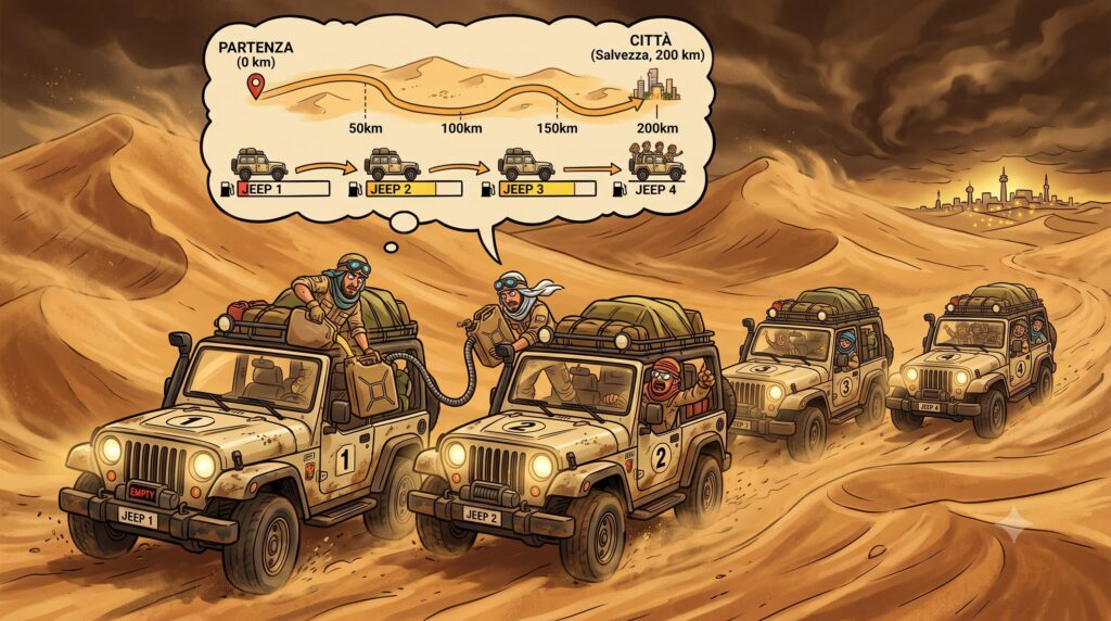 How far does each car have to go to save the explorers: the solution to the jeep riddle