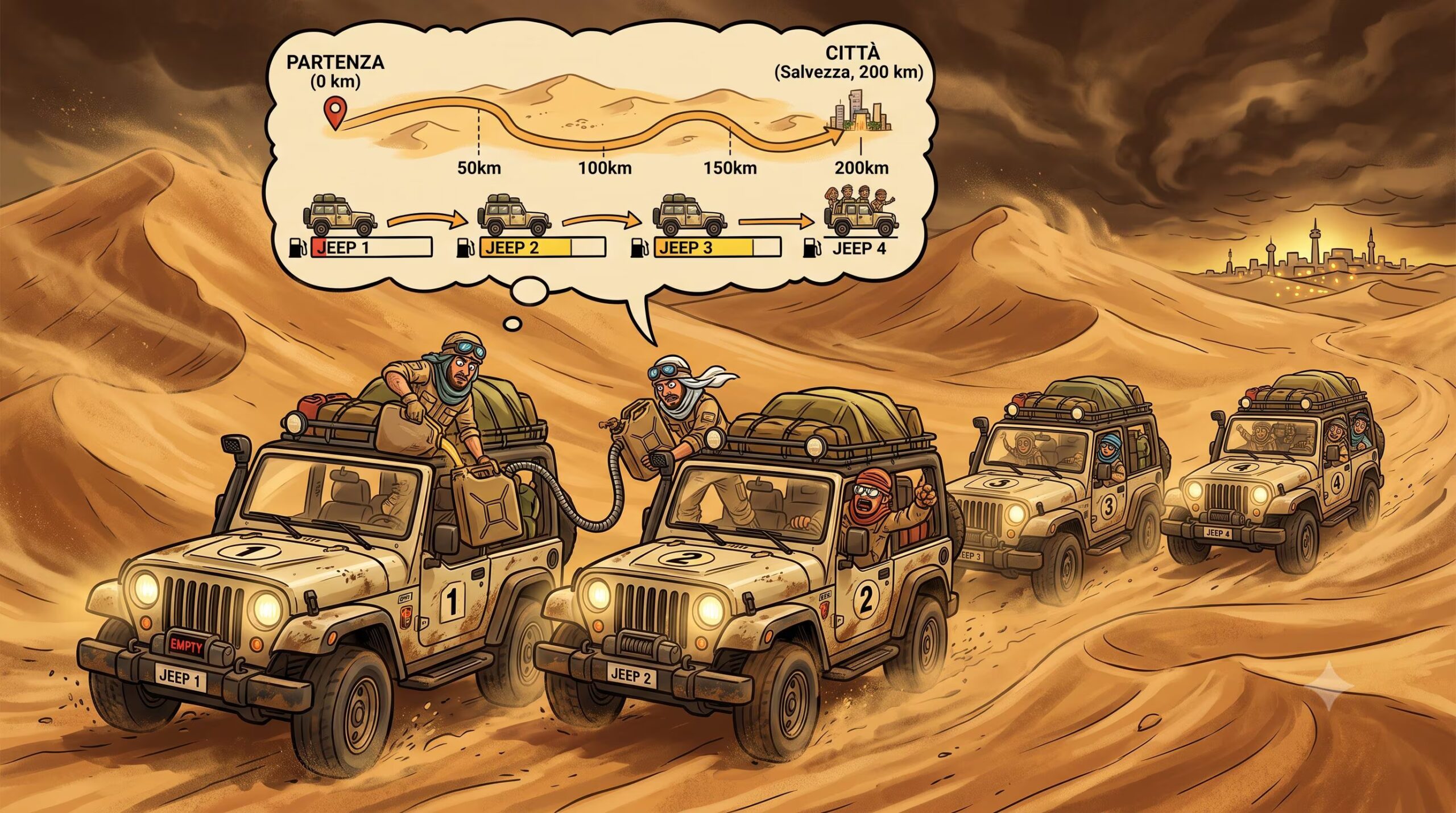 How far does each car have to go to save the explorers: the solution to the jeep riddle