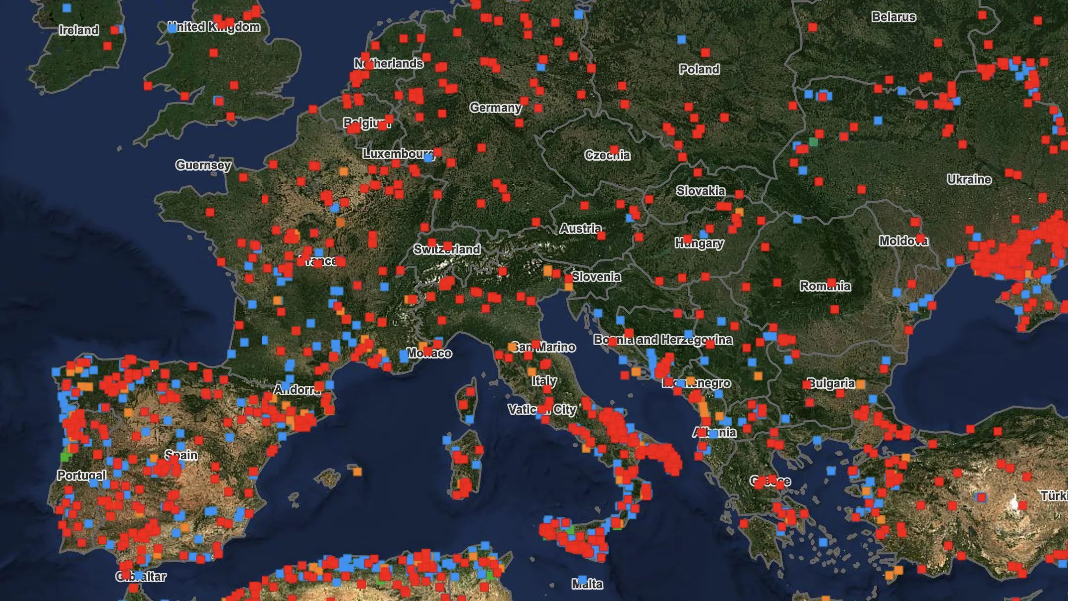 The map of forest fires in Southern Europe: what's happening in Italy, Spain, France and Portugal