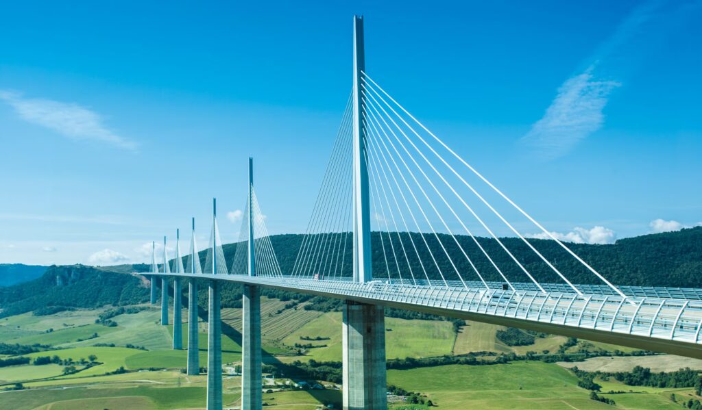 The highest cable-stayed bridge is in France: the Millau Viaduct measures 343m and surpasses the Eiffel Tower