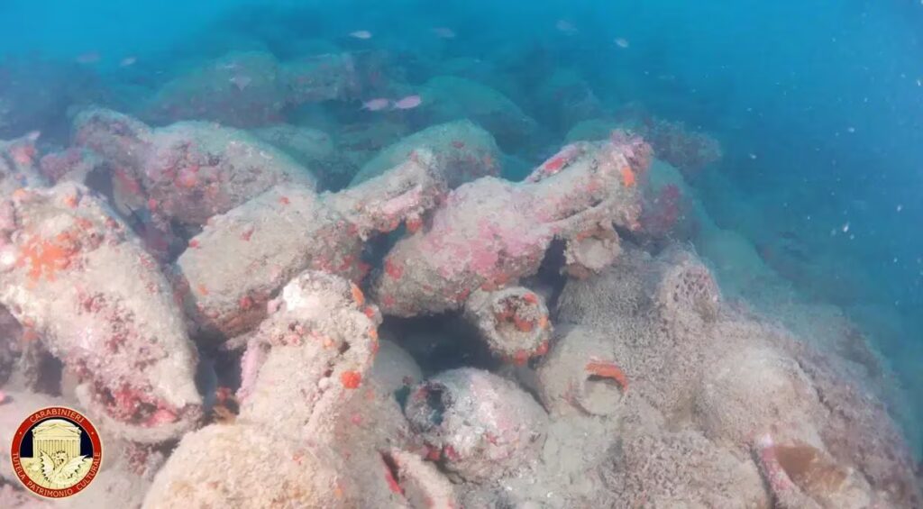 A Roman wreck discovered in Mazara del Vallo from the 1st-2nd century BC at 46m depth with hundreds of amphorae