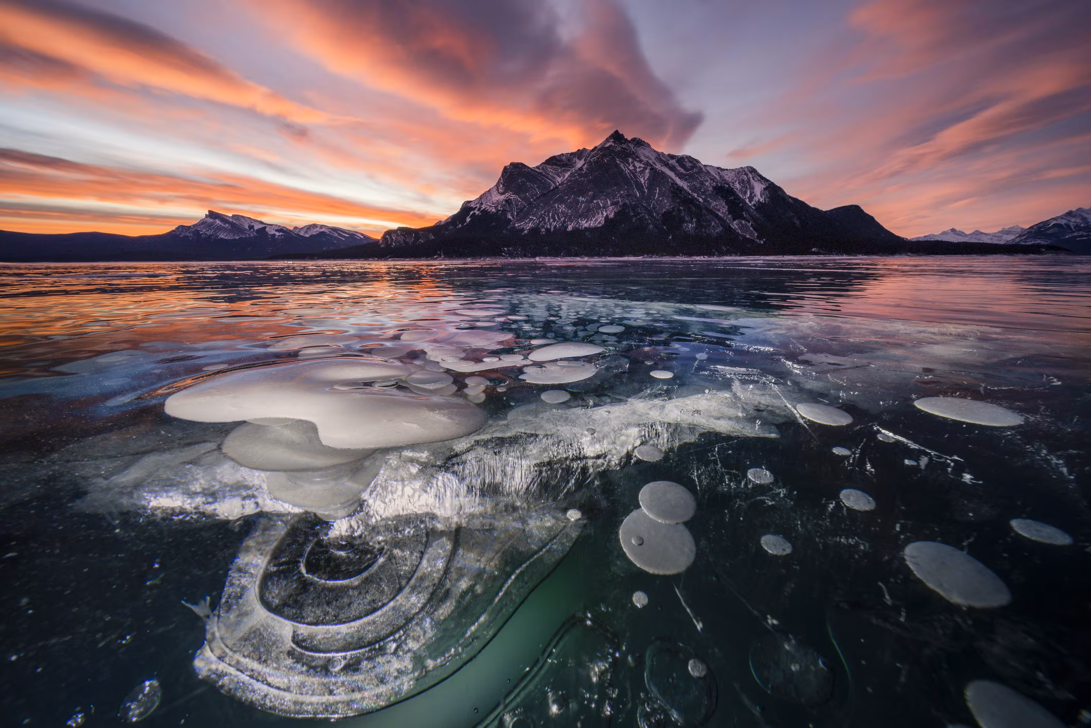 Lake Abraham in Canada, where columns of methane bubbles trapped in the ice form